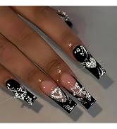 Long Press on Nails Black French Tip Long Fake Nails Coffin Press on Nails Square Black False Nai...