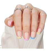 Frinail Press on Fake Nails French Color Tips, Cute Press on Short Square Acrylic Glue on Nails M...