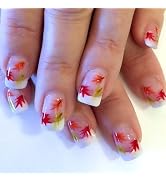Fall White French Tip Press on Nails Short Square Fake Nails Autumn Leaves False Nails with Desig...