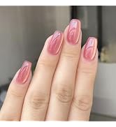 Short Square Press on Nails Pink Cat Eye Fake Nails Squoval Finish False Nails with Design Full C...
