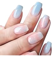 IFMOPETY 24PCS Coffin Press On Nails，Blue Pink Medium Coffin Fake Nails，Glossy Colored Marble Des...