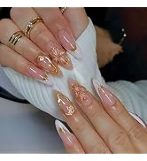 Almond Press on Nails Medium Fake Nails with Flower Designs Gold Glue on Nails White French Tip N...