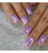 iBeautying Press on Nails - Metallic Mirror Purple Pink False Nails | Punk Metal Chrome Finish Sh...
