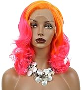 Wiginway Orange Pink Synthetic Lace Front Wig With Side Parting 14 Inch Drag Queen Wavy Wig Ombre...