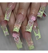 Long Press on Nails 3D Flower False Nails Green Handmade Fake Nails Long Coffin Nails Press ons G...