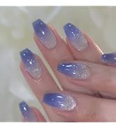 IFMOPETY Blue Galaxy Long Coffin Press On Nails，Glossy Blue Gradient Cat Eyes Design，Reusable Pre...