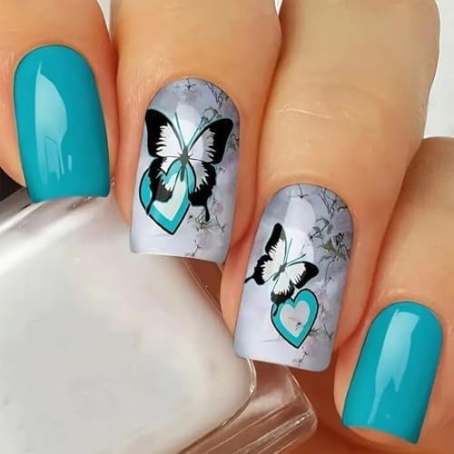 Light Color Press on Nails Short Square Butterfly Fake Nails Blue Stick on Nails Glossy False Nails Cute Summer Acrylic Reusable Artificial Nails for Women DIY Glue on Nails 24pcs