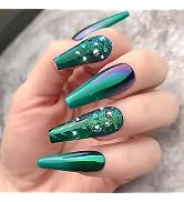 MUZOXEN Press on Nails Long, Square Coffin Acrylic Fake Nails with Chrome Mirror Green Rhinestone...