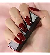 Elevenail Glossy Dark Blood Red Press on False Nails Medium Length Square Fake Fingersnails Manic...