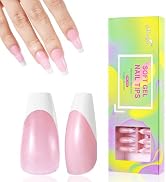 Monja Soft Gel Nail Tips French Long Coffin Tips 144Pcs Pre-French Pink Press On Nails 12 Sizes G...