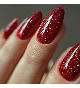 GLAMERMAID Red Glitter Press on Nails Medium Almond, Burgundy Handmade Soft Gel Oval Fake Nails S...