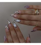 24Pcs Glitter Press on Nails Almond Medium Fake Nails Press on French Tip Nails Glossy False Nail...