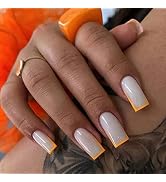 ANDGING Press on Nails Short Medium Coffin, Fake Nails for Women with Protein White Yellow Trapez...