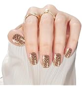 Frinail Press on Fake Nails, Short Square Design Glue on Nails, 24Pcs Glitter Gold Gel Manicure F...