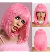 LINGHANG Light Pink Bob Wig with Bangs Short Cute Pink Straight Bob Wigs for Women Shoulder Lengt...