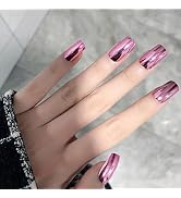 Chrome Press On Nails Medium Square Fake Nails Pink Metallic False Nails with Designs Holographic...