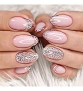 YOSOMK Pink Press on Nails Short Almond Fake Nails with Bling Sequins Designs Glossy Stick on Fal...