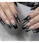 BABALAL Black Nails Press on French Tip Fake Nails Long Square Gothic Glue on Nails with Cross Bo...
