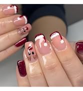 Christmas Press on Nails Short Square Fake Nails with Reindeer Red Xmas Hat Designs French Tip Fa...