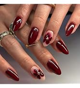 Wine Red Solid Color Press on Nails Medium Almond Fake Nails Glossy Flower Acrylic Nails with Glu...