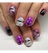 Halloween Press on Nails Short Square Fake Nails Cute Ghost Nails Press ons Purple Glue on Nails ...