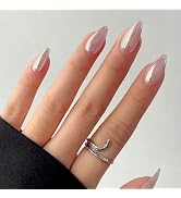 Chrome Press on Nails Medium Almond Fake Nails Chrome Pink False Nails with Designs Glitter Gloss...