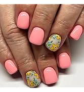 Short Press on Nails Square FaKe Nails with Floral Designs Glossy Nails Press ons Pink Acrylic Na...