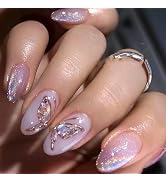 Butterfly Press on Nails Short Almond Fake Nails Purple False Nails with Designs Glitter False Na...