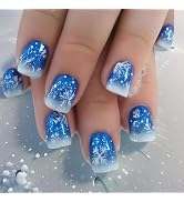 Christmas Press on Nails Short Square Snowflake Fake Nails with Blue Gradient Glitter Designs Acr...
