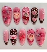 BABALAL Press on Nails Medium Almond Fake Nails Pink Glue on Nails Sweetheart Bow Lips Acrylic Na...