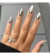 Chrome Press On Nails Medium Square Fake Nails Silver Metallic False Nails with Designs Holograph...
