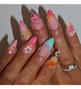 BABALAL Summer Press on Nails Medium Almond Fake Nails Pink Orange Ombre Glue on Nails 3d Acrylic...