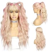 SAPPHIREWIGS Blonde Wig with Bangs Long Loose Wavy Wig Highlight Pink Hair Synthetic Heat Resista...