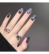 Black Press On Nails Short Glossy Cat Eye Fake Nails Stick On Nails Opaque Color Glitter Acrylic ...