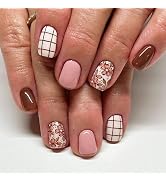 Press on Nails Short Square Fake Nails with Line Flower Designs Spring Summer Nails Press ons Bro...