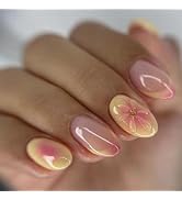 Press on Nails Short Almond SWEKKE French Tip Fake Nails False Nails with Designs 3D Flower Yello...