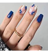 Short Fake Nails Square Press on Nails Acrylic False Nails with White Blue Floral Designs Nude Bl...