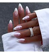 Chrome Press on Nails Medium Almond Fake Nails White French Tip Nails Press ons Light Pink Acryli...