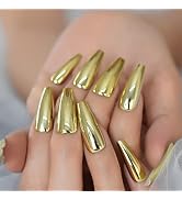 Metallic Coffin Nail Tips Extra Long False Press On Fake Nails Gold Chrome Mirror Punk Rock Full ...