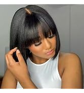 Mofyue Short Black Human Hair Bob Wigs With Bangs Straight Realistic Scalp Glueless Non Lace Fron...
