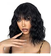LINGHANG Short Black Wig with Bangs, Short Black Natural Wavy Wigs for Women, Wavy Black Wig with...
