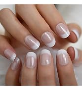 CoolNail Short White French Press on Fake Nails Tips Natural Beige Pink 24pcs Round Head Full Cov...