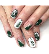 Christmas Press on Nails Short Square Fake Nails with Snowflake Gold Glitter Designs Green Press ...