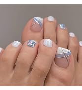 French Tip Press on Toenails Short Square Fake Toe Nails Blue White False Toenails with Glitter D...