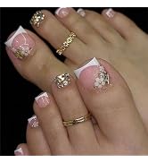 Flower Press on Toenails French Tips Fake Toe Nails Pink False Toenails Glossy Full Cover Acrylic...
