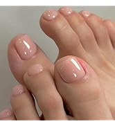 GLAMERMAID Press on Toe Nails,Nude Pink Toenails with Design,24 Pcs UV Glossy Glue on Toe Nails f...