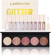 LANGMANNI 8 Colors Highlighter Powder Palette+10Pcs Liquid Glitter Eyeshadow Korean Makeup Set