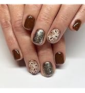 Press on Nails Short Square Fake Nails with Flower Designs Glitter Nails Press ons Dark Brown Acr...