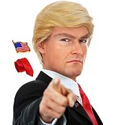 ALLAURA 3pc Donald Wig + Flag Pin + Red Tie | Donald Costume For Adults | Toupee Blonde Donald Wi...