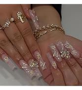 BABALAL Square Press on Nails Long Fake Nails Pink Glue on Nails 3D Butterfly Flower Charm Acryli...